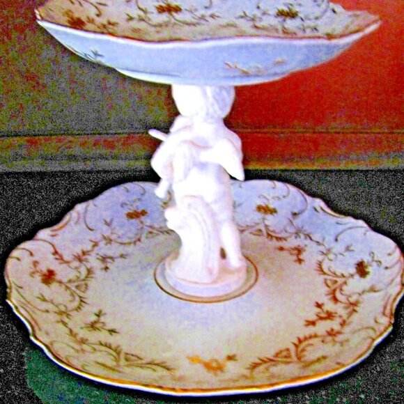 Antique ARDALT LENWILE Porcelain Cherub Figurine 2 Tier Compote 24K Gold Accents - Picture 9 of 13